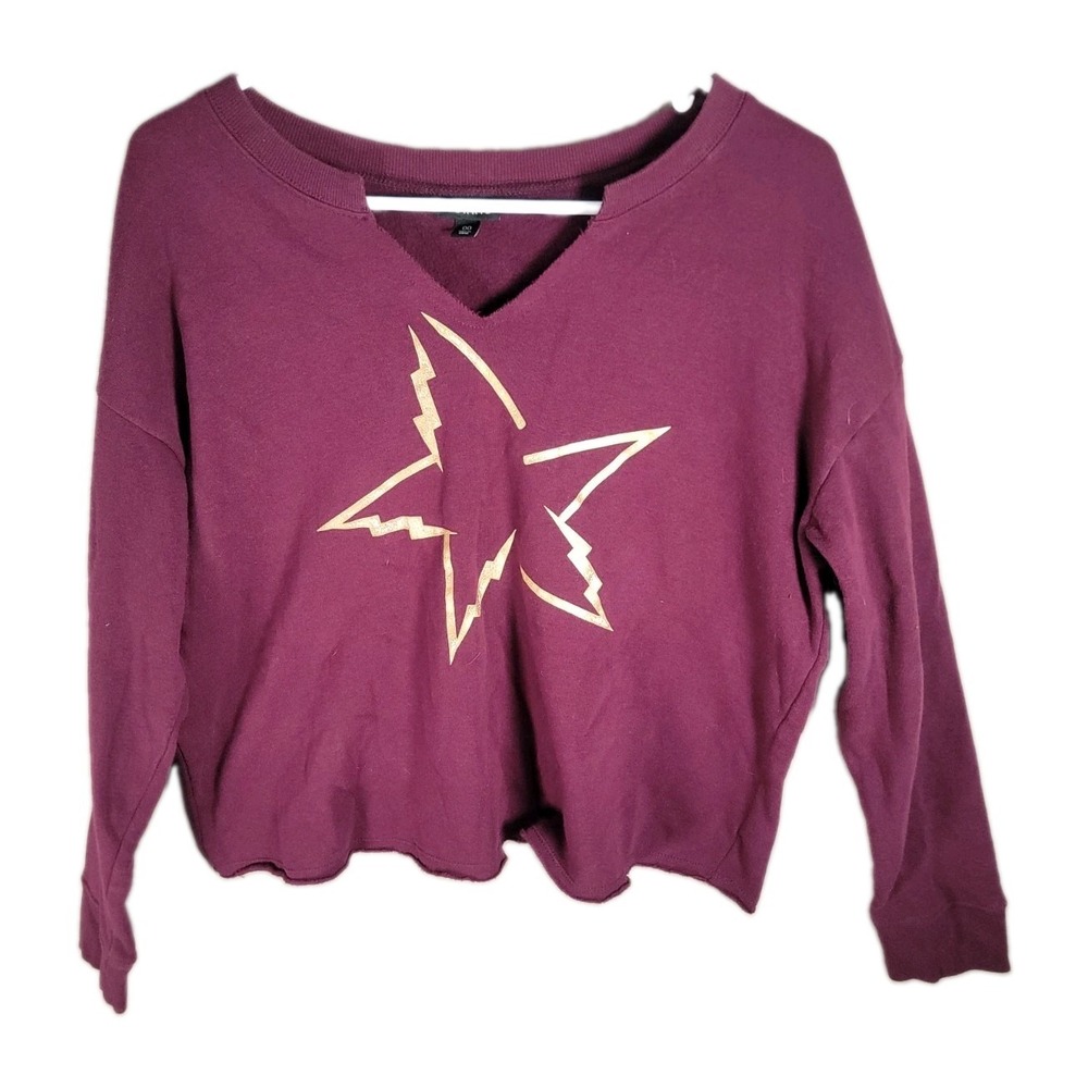Torrid Sweatshirt 00 M L Purple Star Gold Metallic Crop Raw Hem Fleece Grunge